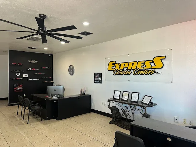Customer lobby with the Express Collision Centers sign on the wall